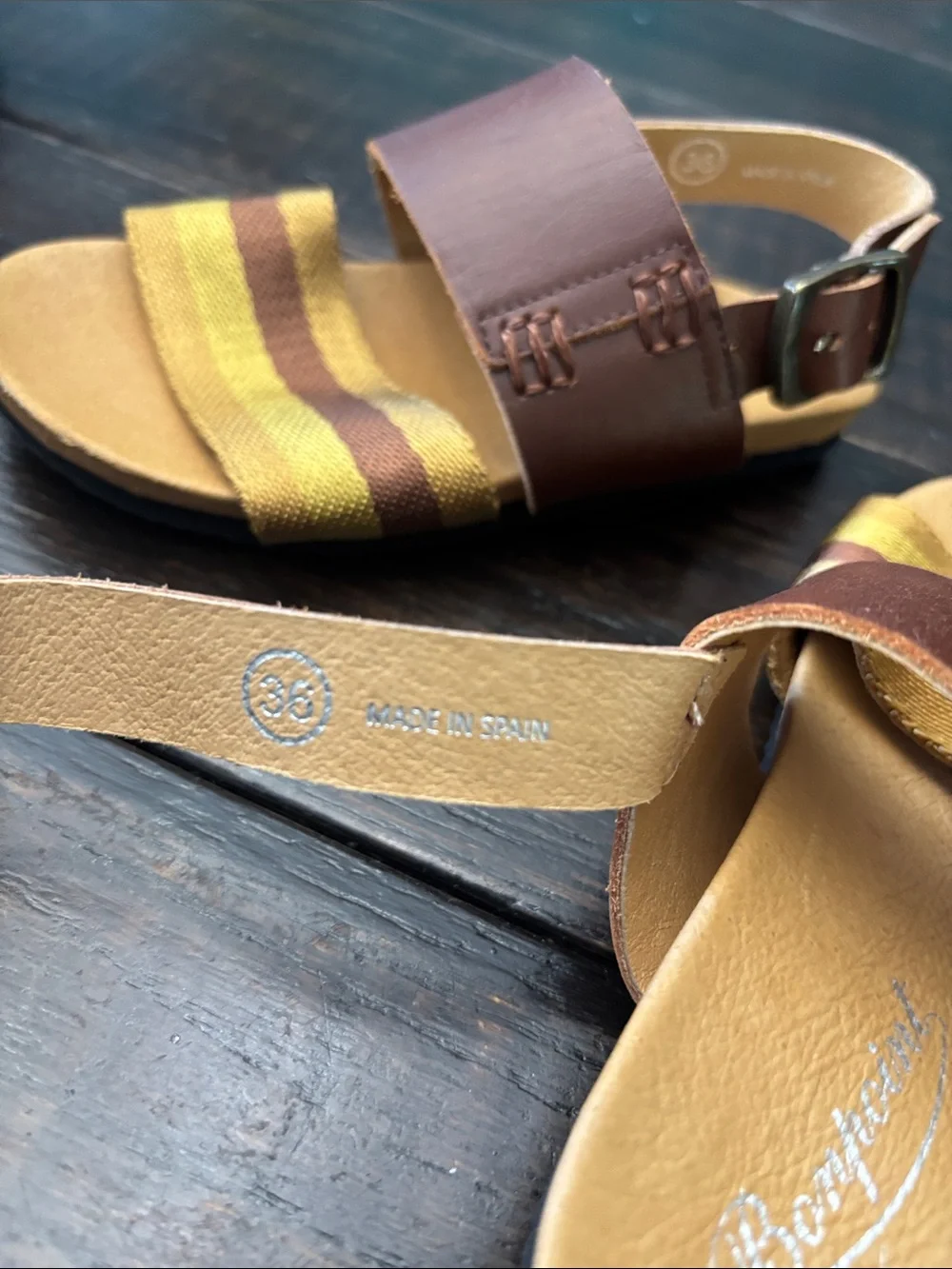 Bonpoint Brown Leather Sandals with Yellow Striped Band